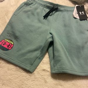 NWT! Under Armour Boys 8-20 Rival Fleece teal drawstring shorts size Large